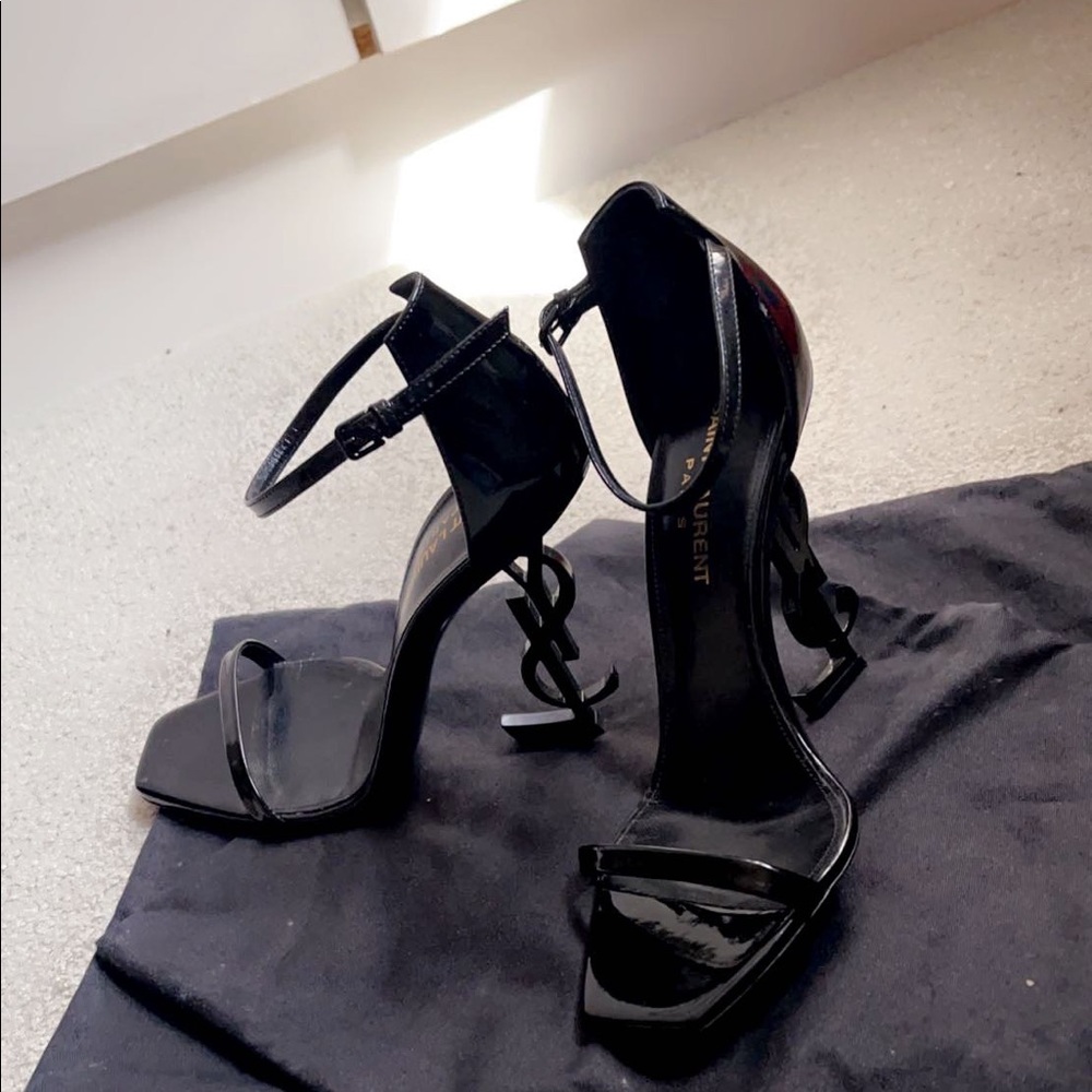 Opyum YSL Logo-Heel Sandals with Black Hardware